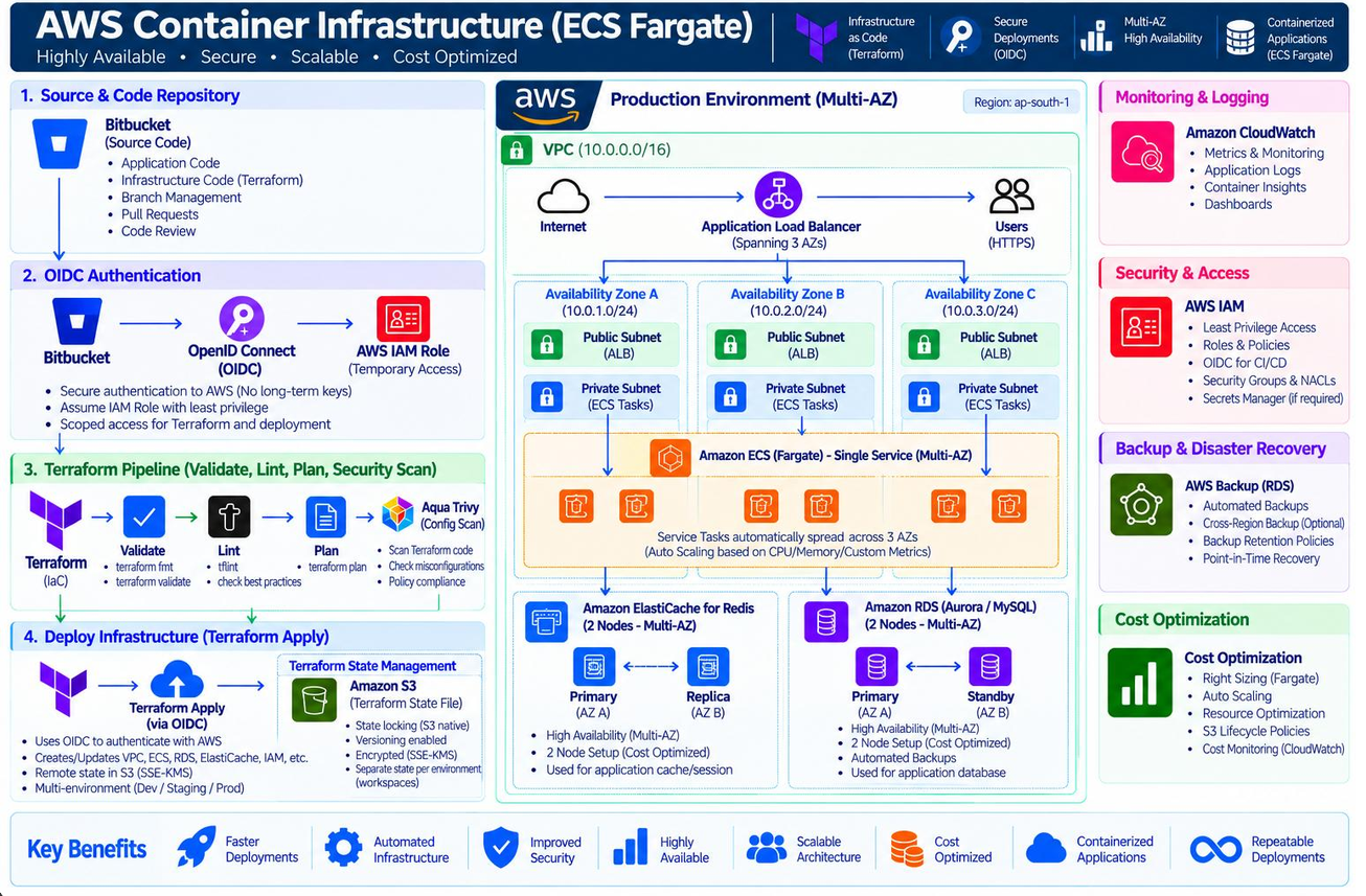 Reference architecture diagram for Amazon ECS Fargate Infrastructure. Select to view full size.