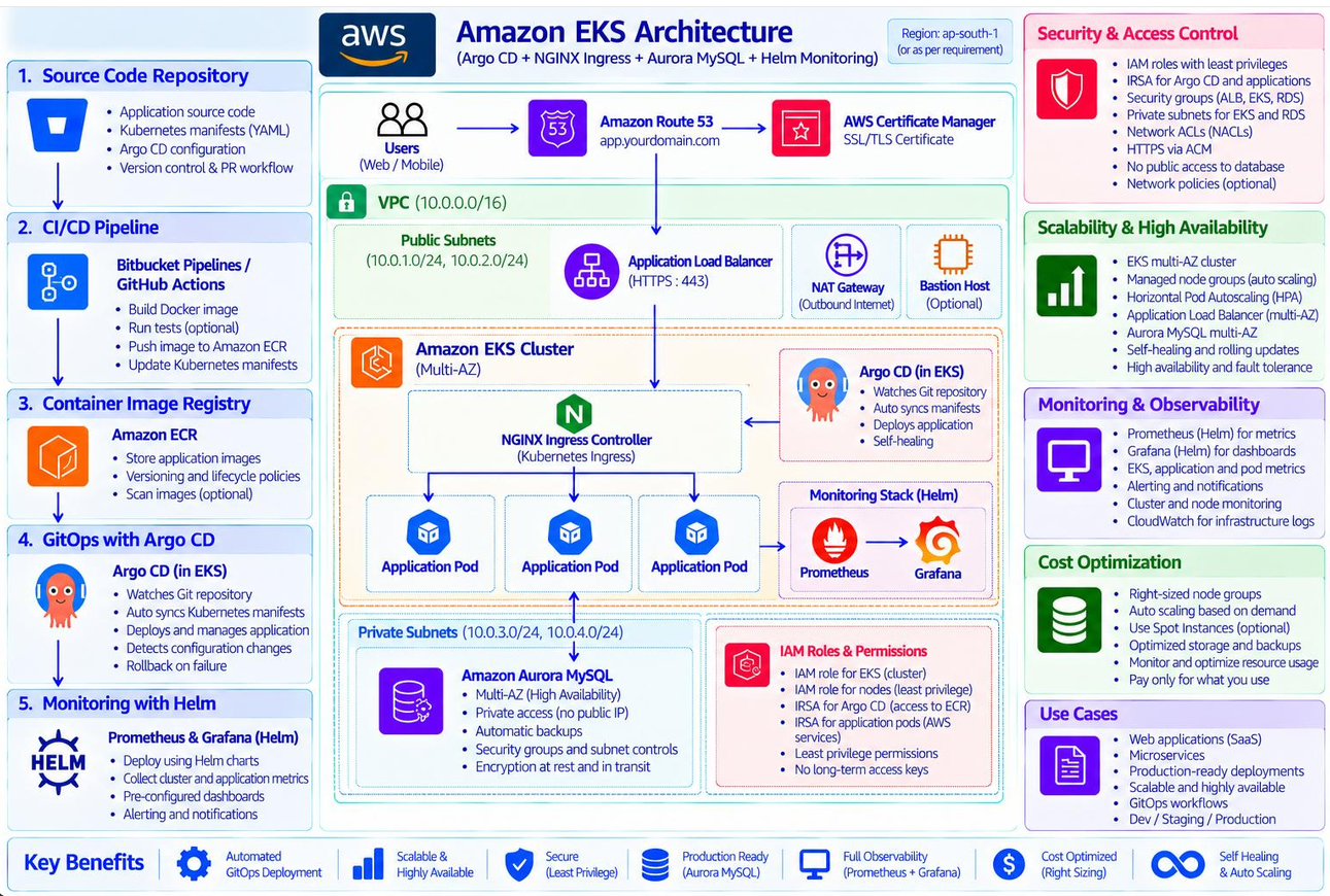 Reference architecture diagram for Amazon EKS GitOps Architecture. Select to view full size.