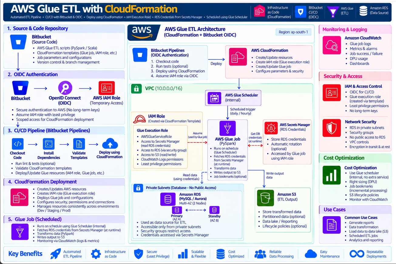 Reference architecture diagram for AWS Glue ETL with CloudFormation. Select to view full size.